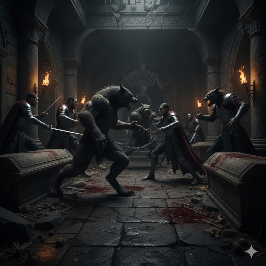 Brutal underground fight in ancient stone crypt, torchlight shadows, gothic horror atmosphere